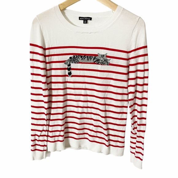 J. Crew Mercantile Striped Cat Print Sweater Sz XS - Picture 4 of 7